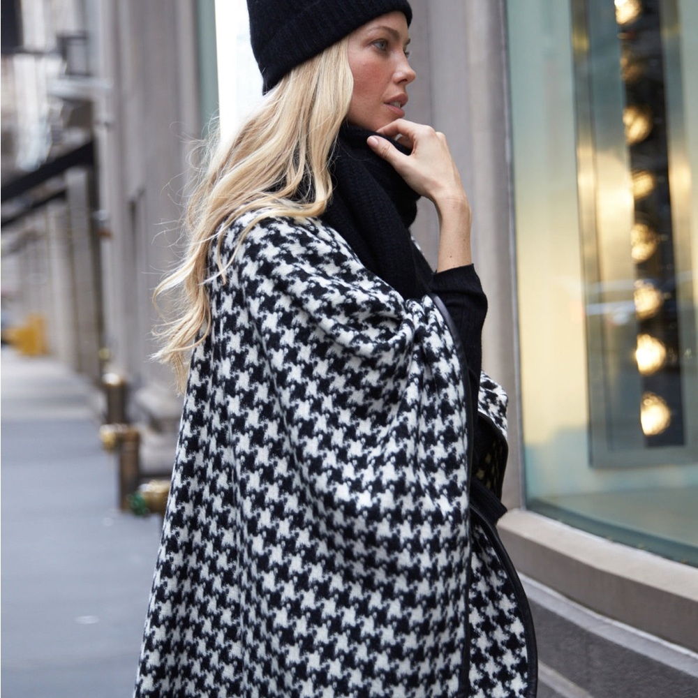 Sofia Cashmere Leather Trimmed Black and Cream Houndstooth Cape